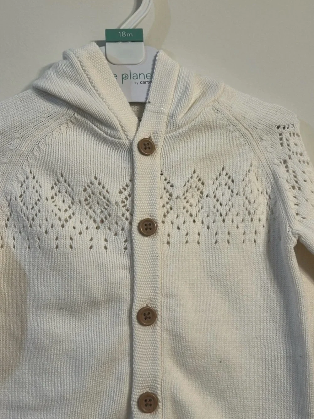 Carter's “Little Planet” Cream Hooded Knit Cardigan with Eyelet Diamond Pattern